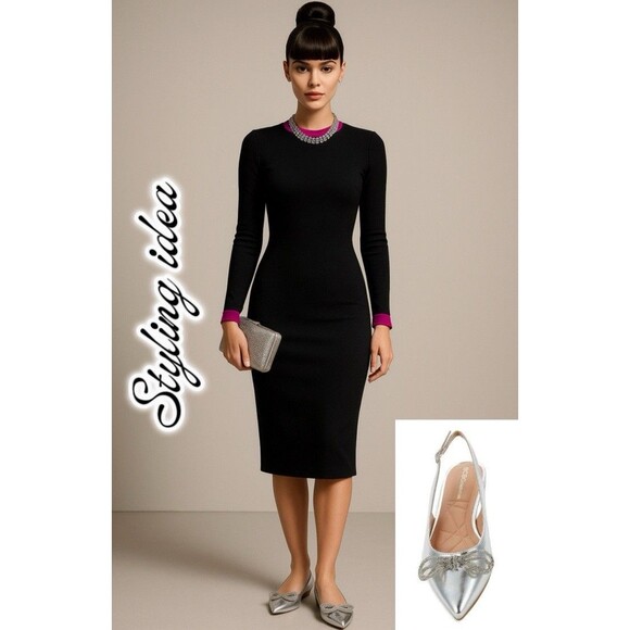 BCBG Kristin Silver Flats 7.5M Slingback Pointed Toe Shoes Rhinestone Bow Dress - Picture 1 of 6